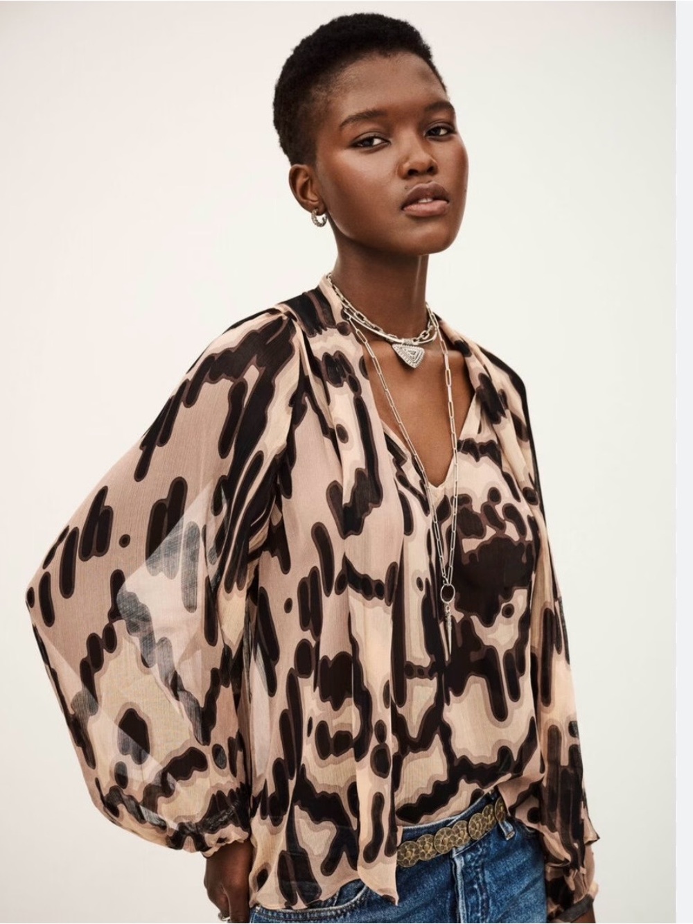 ba&sh Sheer Abstract Print V-Neck Blouse in Beige and Black